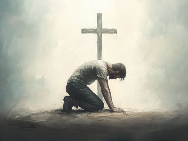 Kneeling before cross
