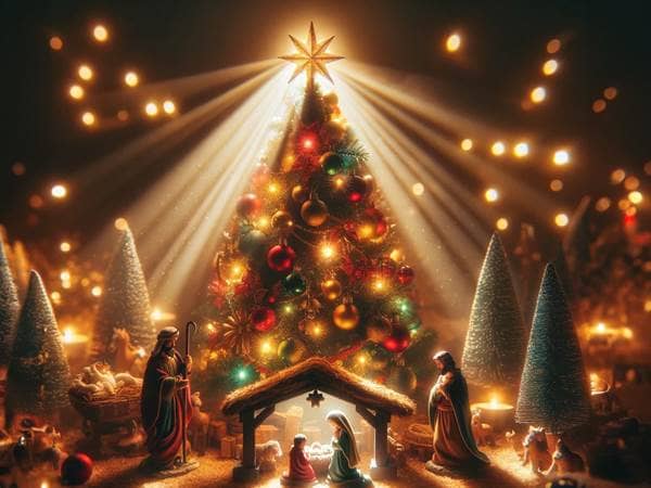 A bright christmas tree with a nativity scene in front of it