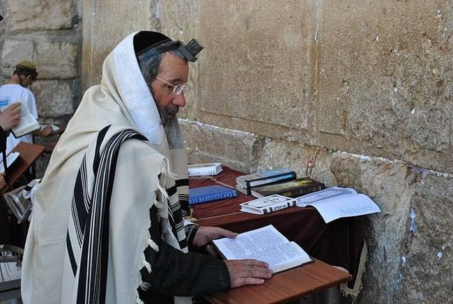 Man Wearing a Tallit Reading a Bible