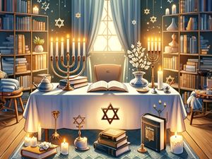 A depiction of a Jewish library with a table in the middle full of Jewish artifacts