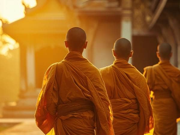 buddhists monks at dusk light heading to a temple