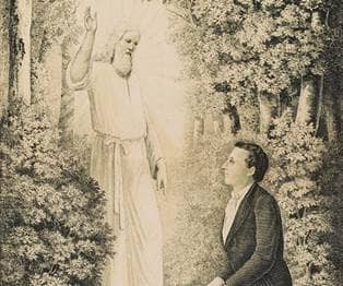 The angel Moroni delivering the plates of the Book of Mormon to Joseph Smith.