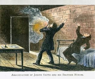 Joseph and Hyrum Smith murdered in the Carthage Jail when a mob stormed the jail.