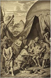Abraham and Ishmael are circumcised with all the men of the house: via 1728 Figures de la Bible; illustrated by Gerard Hoet via Wikimedia CC