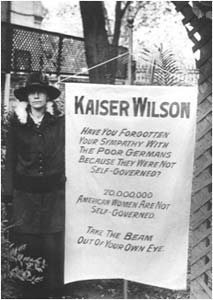 Suffragette banner carried in picket of the White House, 1918 via Wikimedia CC