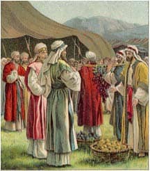 The Report of the Spies: illustration from Bible card published 1907 by Providence Lithograph Company via Wikimedia CC